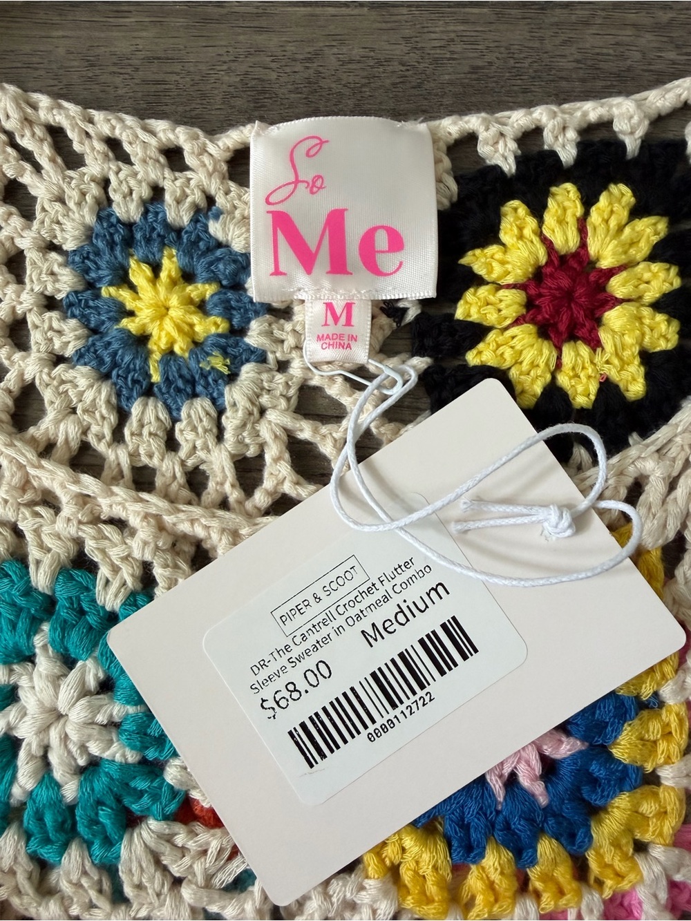 So Me Womens Granny Square Crochet Top Size M Oatmeal Boho Patchwork Festival - Picture 4 of 9